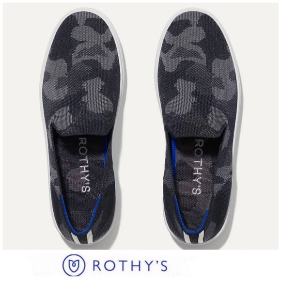 ROTHY’S The Original Slip On Grey Camouflage Blue Trim Comfy Sneakers Sz 6 - Picture 1 of 16